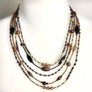 Vintage Beaded Necklace 1990s Layered Five Strands Brown Black w/ Lobster Clasp